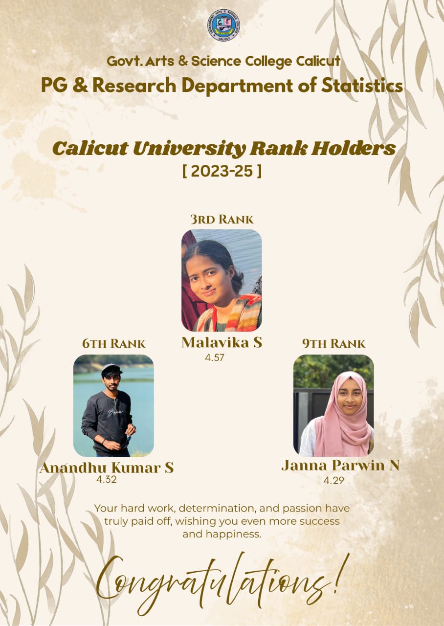 CALICUT UNIVERSITY RANK HOLDERS [2023-25] PG & RESEARCH DEPARTMENT OF STATISTICS