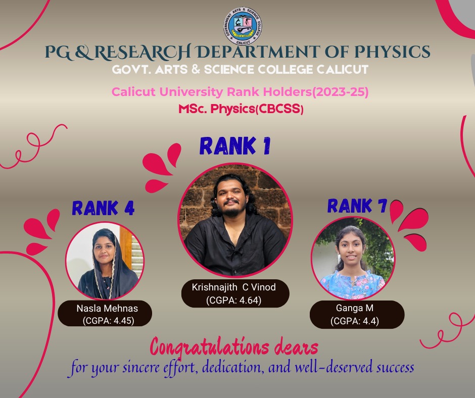CALICUT UNIVERSITY RANK HOLDERS [2023-25] MSc. Physics[CBCSS]